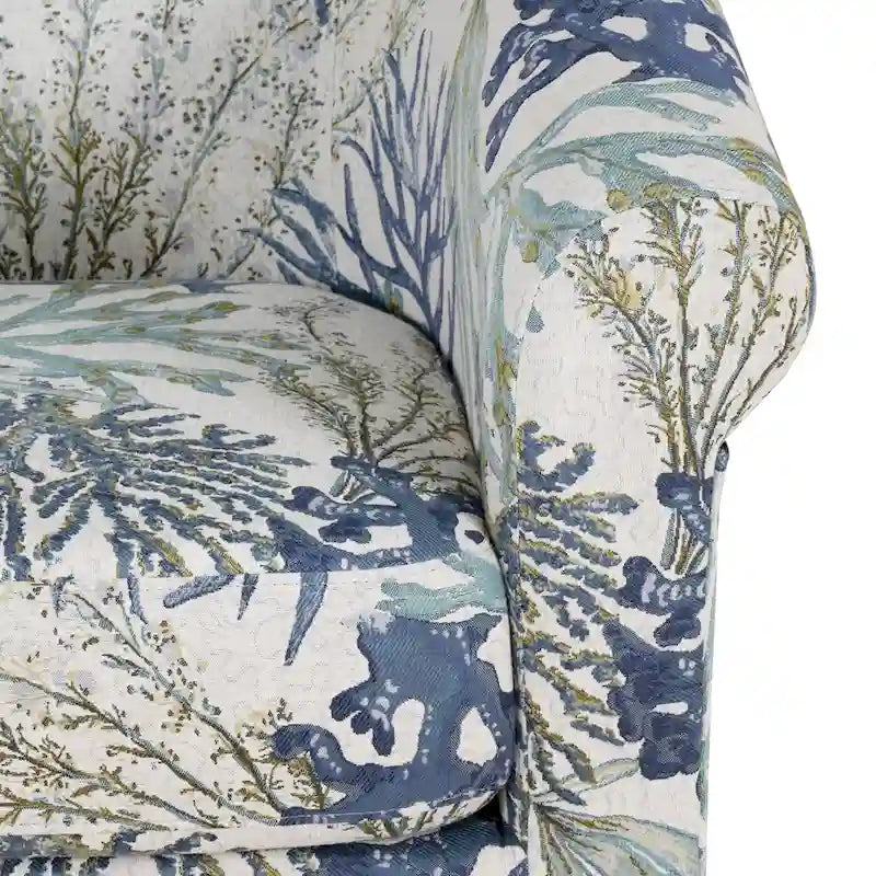 Fauteuil d'appoint pivotant à dossier incurvé imprimé coquillages corail marin, bleu et vert océan
