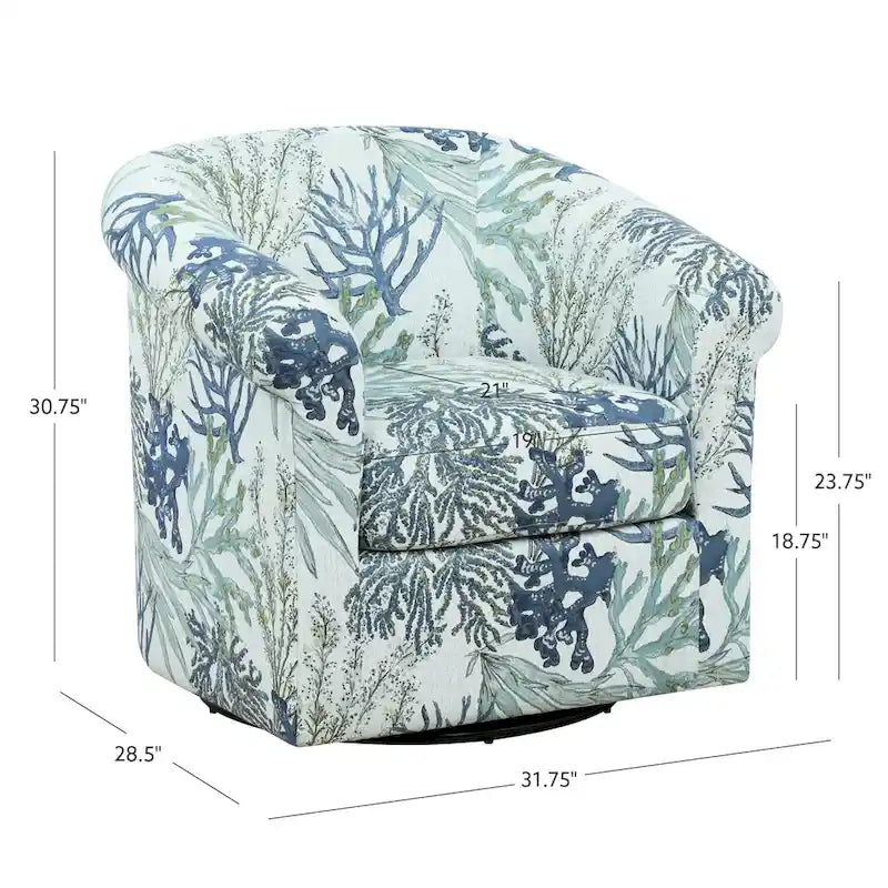 Fauteuil d'appoint pivotant à dossier incurvé imprimé coquillages corail marin, bleu et vert océan