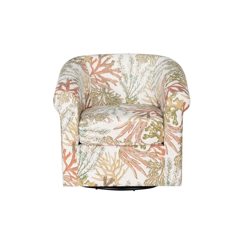 Fauteuil d'appoint pivotant à dossier incurvé imprimé coquillages corail marin, bleu et vert océan
