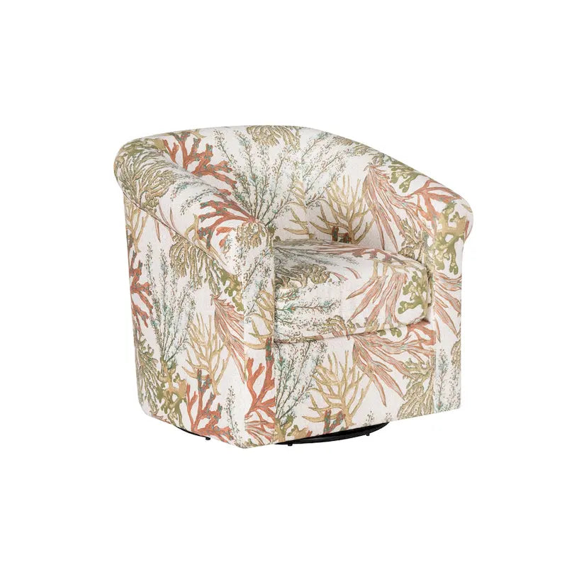 Fauteuil d'appoint pivotant à dossier incurvé imprimé coquillages corail marin, bleu et vert océan
