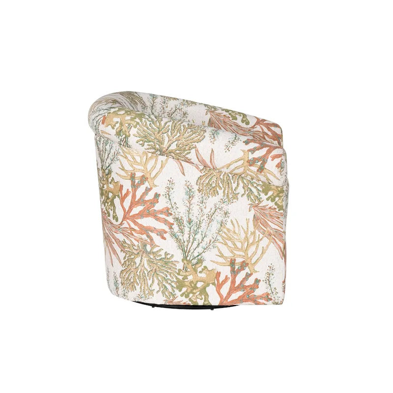 Fauteuil d'appoint pivotant à dossier incurvé imprimé coquillages corail marin, bleu et vert océan
