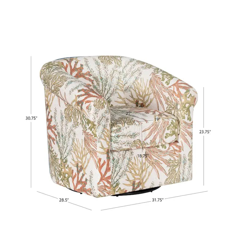 Fauteuil d'appoint pivotant à dossier incurvé imprimé coquillages corail marin, bleu et vert océan