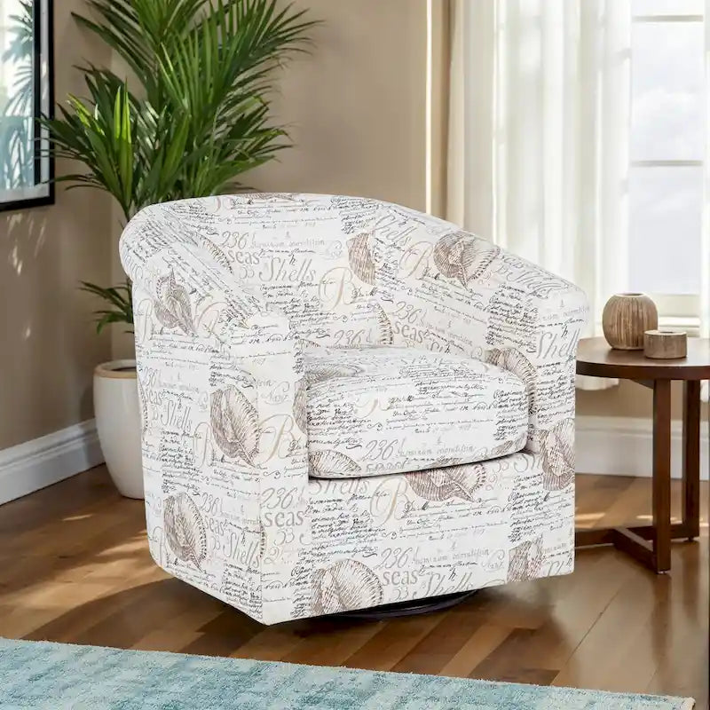 Fauteuil d'appoint pivotant à dossier incurvé imprimé coquillages corail marin, bleu et vert océan