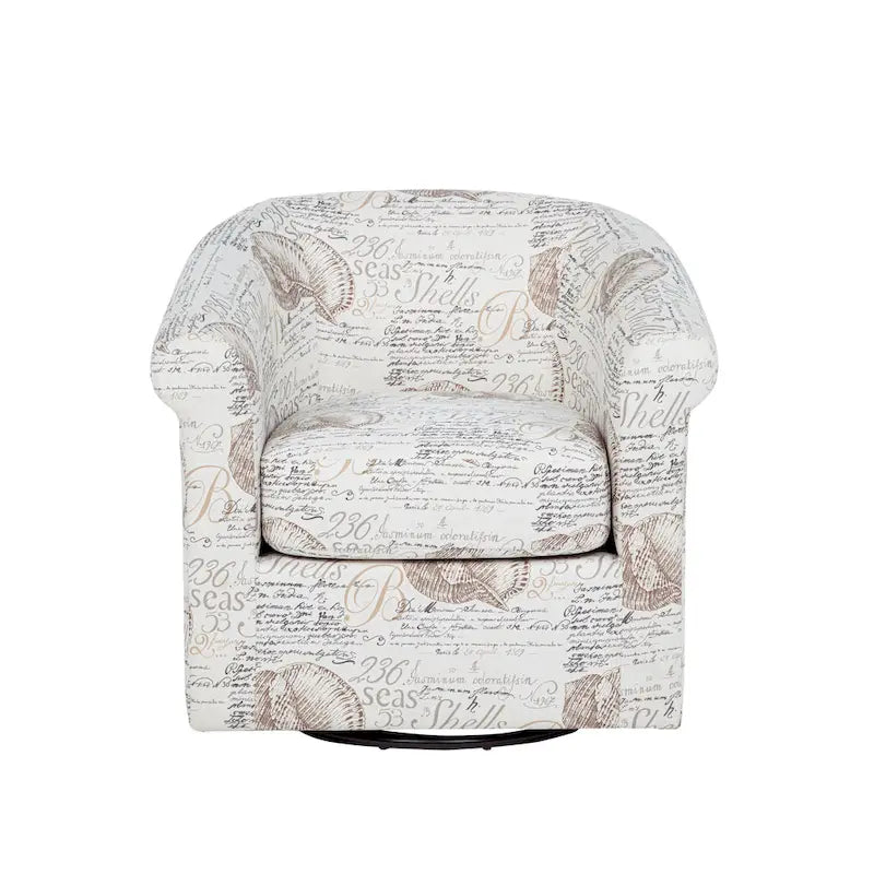 Fauteuil d'appoint pivotant à dossier incurvé imprimé coquillages corail marin, bleu et vert océan
