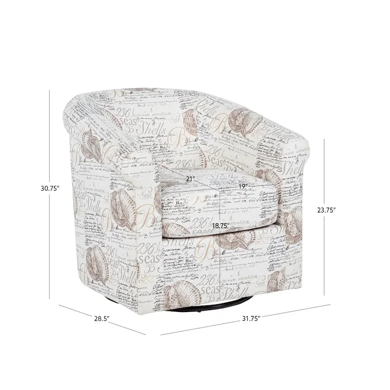 Fauteuil d'appoint pivotant à dossier incurvé imprimé coquillages corail marin, bleu et vert océan