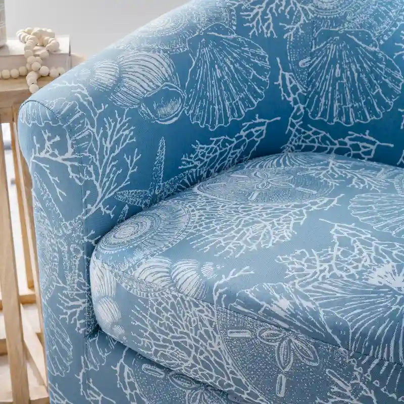 Fauteuil d'appoint pivotant à dossier incurvé imprimé coquillages corail marin, bleu et vert océan