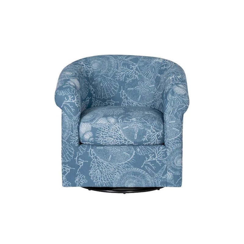 Fauteuil d'appoint pivotant à dossier incurvé imprimé coquillages corail marin, bleu et vert océan