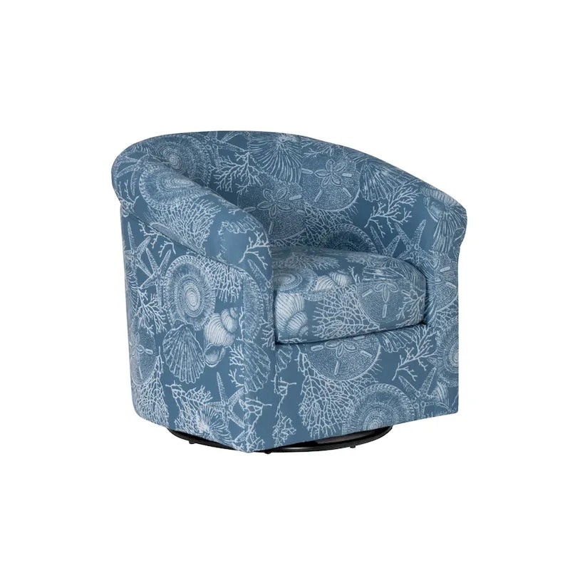 Fauteuil d'appoint pivotant à dossier incurvé imprimé coquillages corail marin, bleu et vert océan