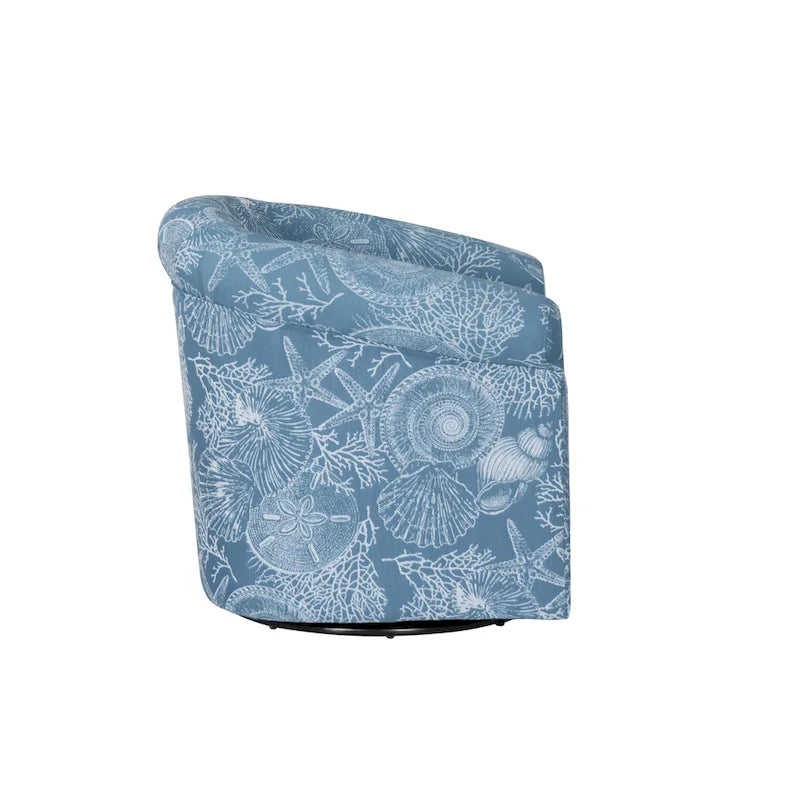 Fauteuil d'appoint pivotant à dossier incurvé imprimé coquillages corail marin, bleu et vert océan