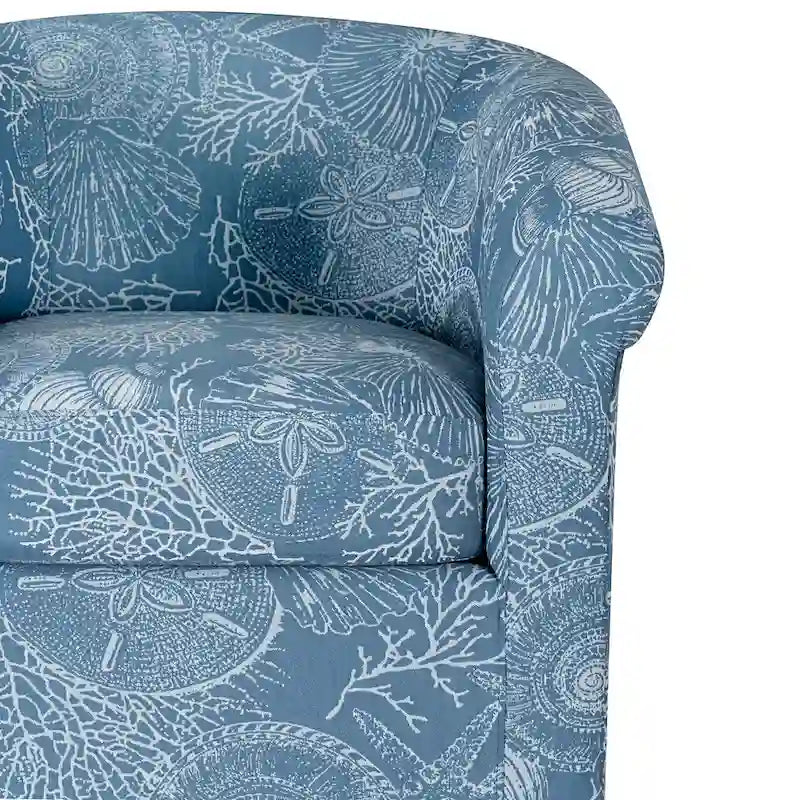 Fauteuil d'appoint pivotant à dossier incurvé imprimé coquillages corail marin, bleu et vert océan