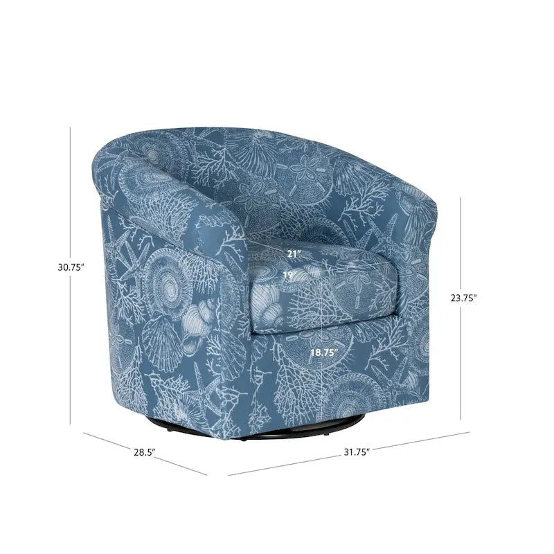 Fauteuil d'appoint pivotant à dossier incurvé imprimé coquillages corail marin, bleu et vert océan