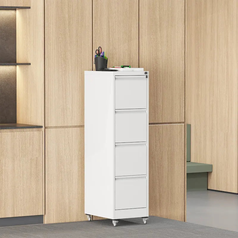 4 Drawer Locking Metal File Cabinet with Lockable Wheels White