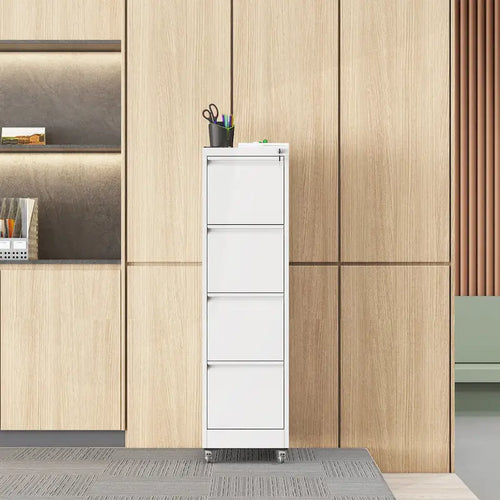 4 Drawer Locking Metal File Cabinet with Lockable Wheels White