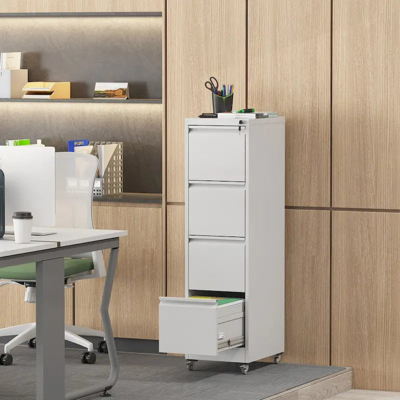 4 Drawer Locking Metal File Cabinet with Lockable Wheels White