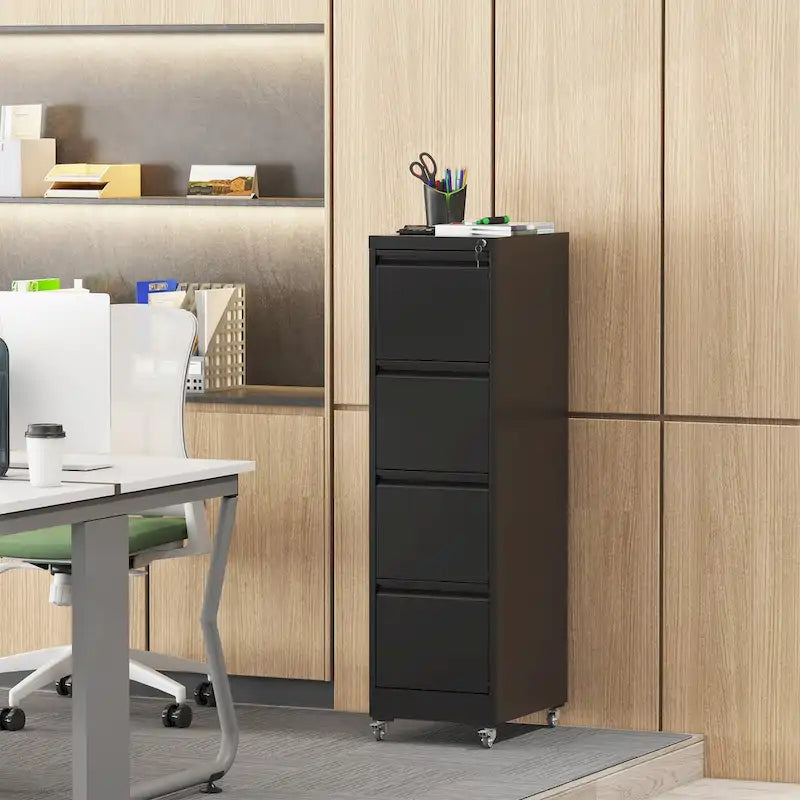 4 Drawer Locking Metal File Cabinet with Lockable Wheels White