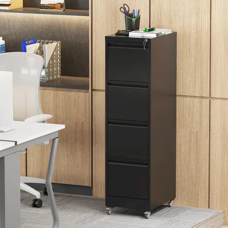 4 Drawer Locking Metal File Cabinet with Lockable Wheels White