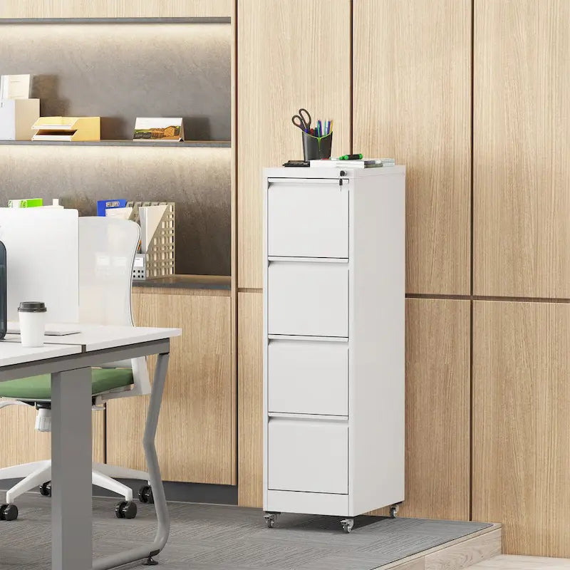 4 Drawer Locking Metal File Cabinet with Lockable Wheels White