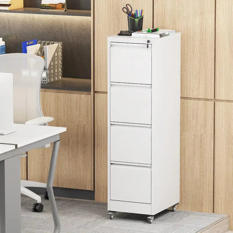 4 Drawer Locking Metal File Cabinet with Lockable Wheels White