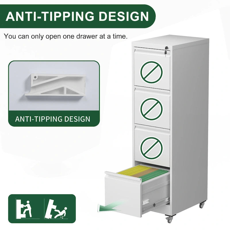 4 Drawer Locking Metal File Cabinet with Lockable Wheels White