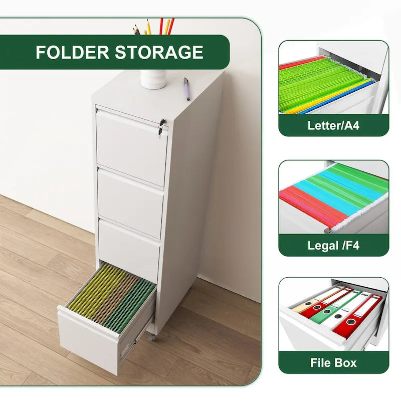 4 Drawer Locking Metal File Cabinet with Lockable Wheels White