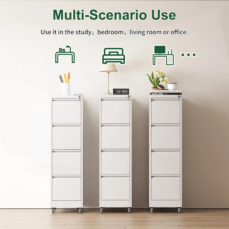 4 Drawer Locking Metal File Cabinet with Lockable Wheels White