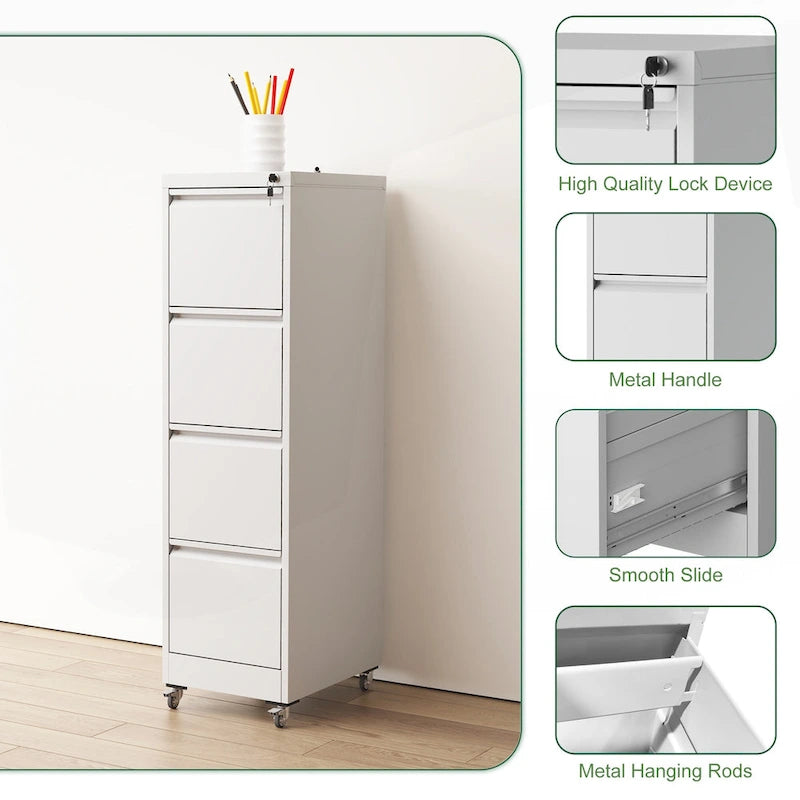 4 Drawer Locking Metal File Cabinet with Lockable Wheels White