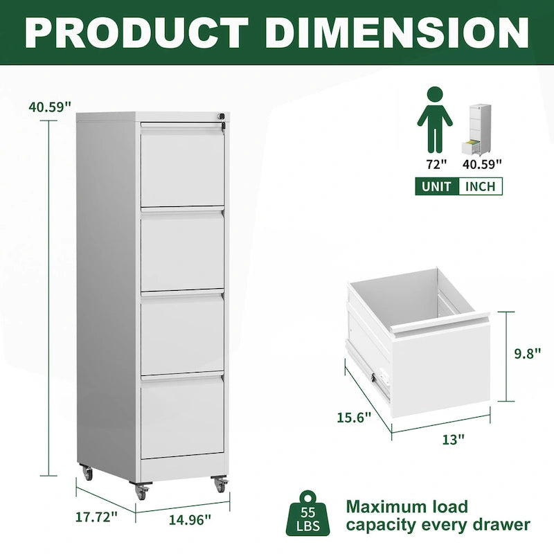 4 Drawer Locking Metal File Cabinet with Lockable Wheels White