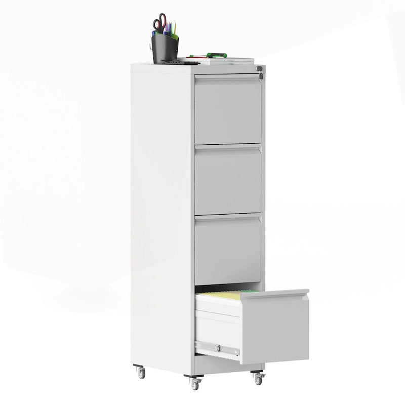 4 Drawer Locking Metal File Cabinet with Lockable Wheels White
