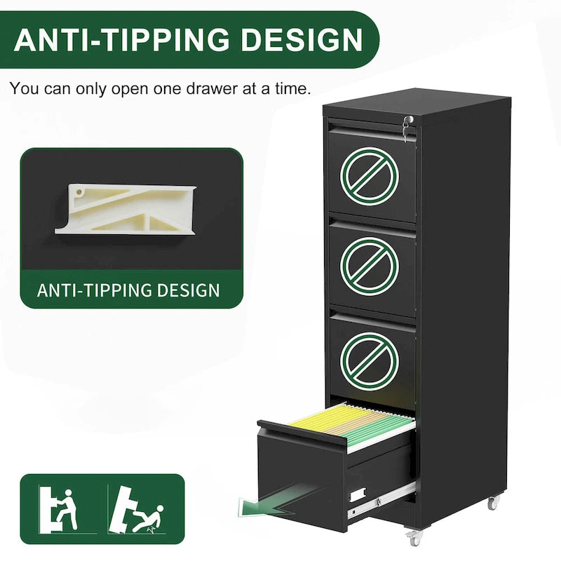 4 Drawer Locking Metal File Cabinet with Lockable Wheels White