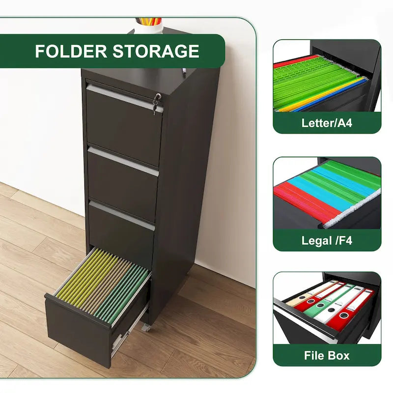 4 Drawer Locking Metal File Cabinet with Lockable Wheels White