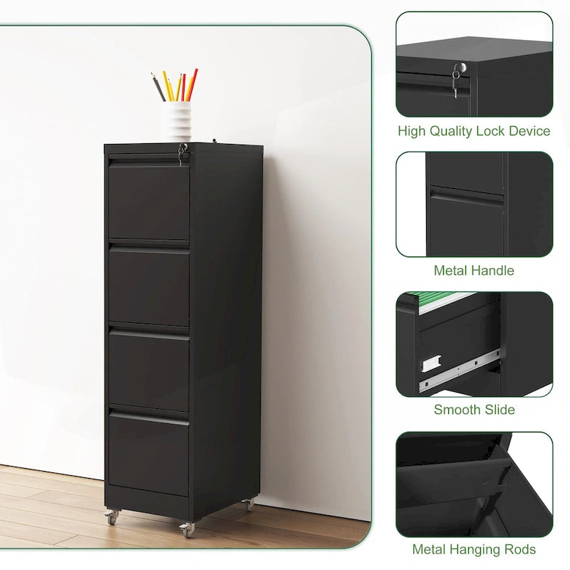 4 Drawer Locking Metal File Cabinet with Lockable Wheels White