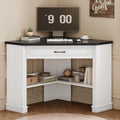 Bureau d'angle blanc et gris avec tiroir et étagères de rangement