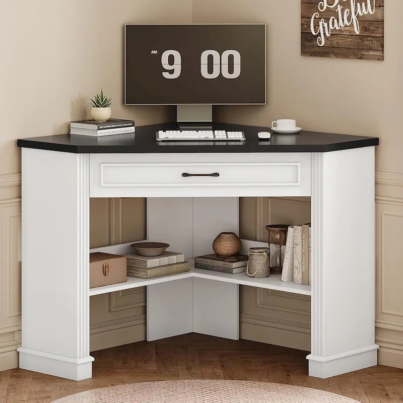 Bureau d'angle blanc et gris avec tiroir et étagères de rangement