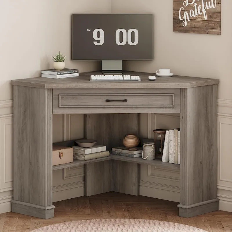 Bureau d'angle blanc et gris avec tiroir et étagères de rangement