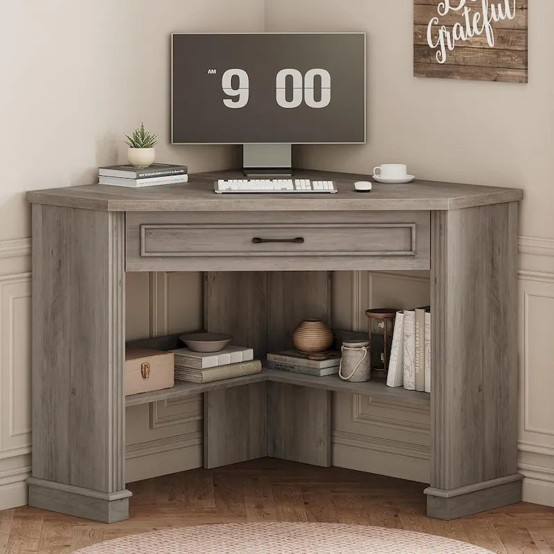 Small Corner Desk Triangle Computer Desk Drawer Storage Shelves