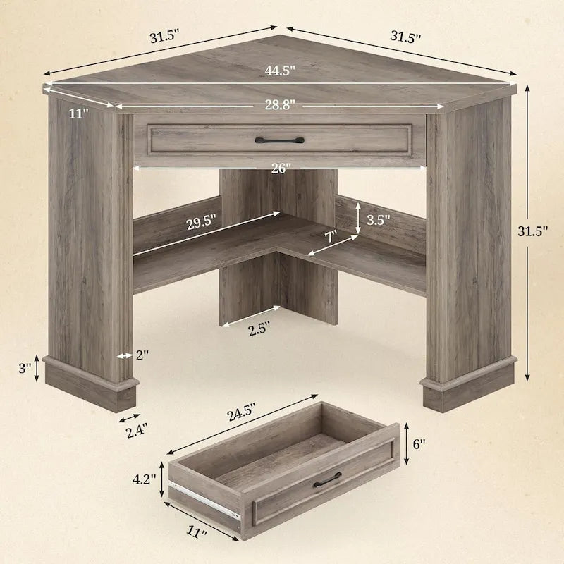 Bureau d'angle blanc et gris avec tiroir et étagères de rangement