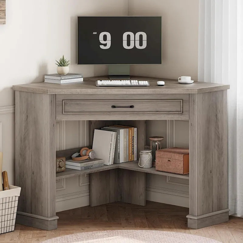 Bureau d'angle blanc et gris avec tiroir et étagères de rangement