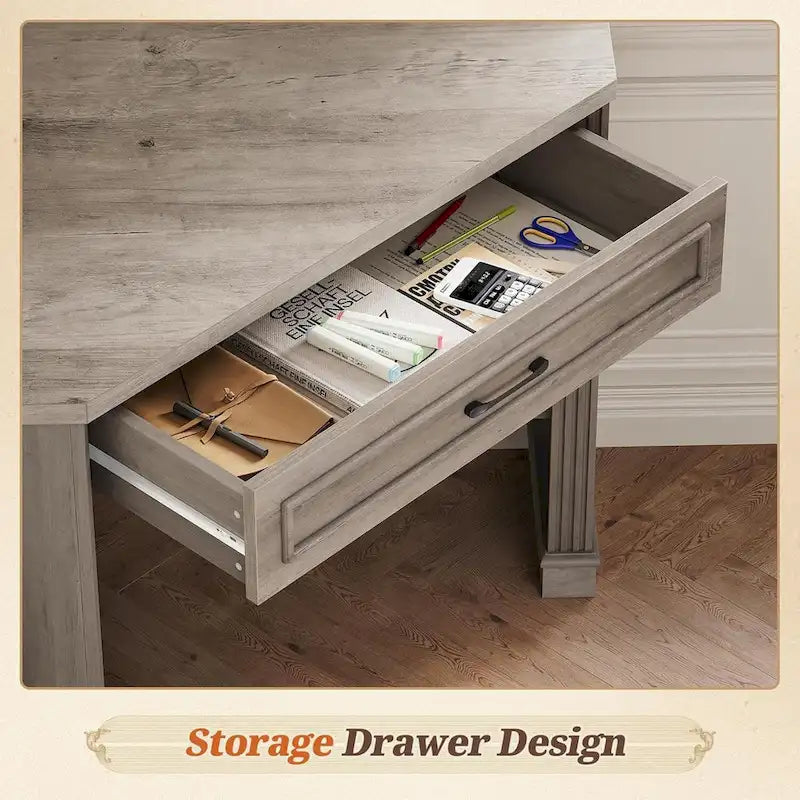 Bureau d'angle blanc et gris avec tiroir et étagères de rangement