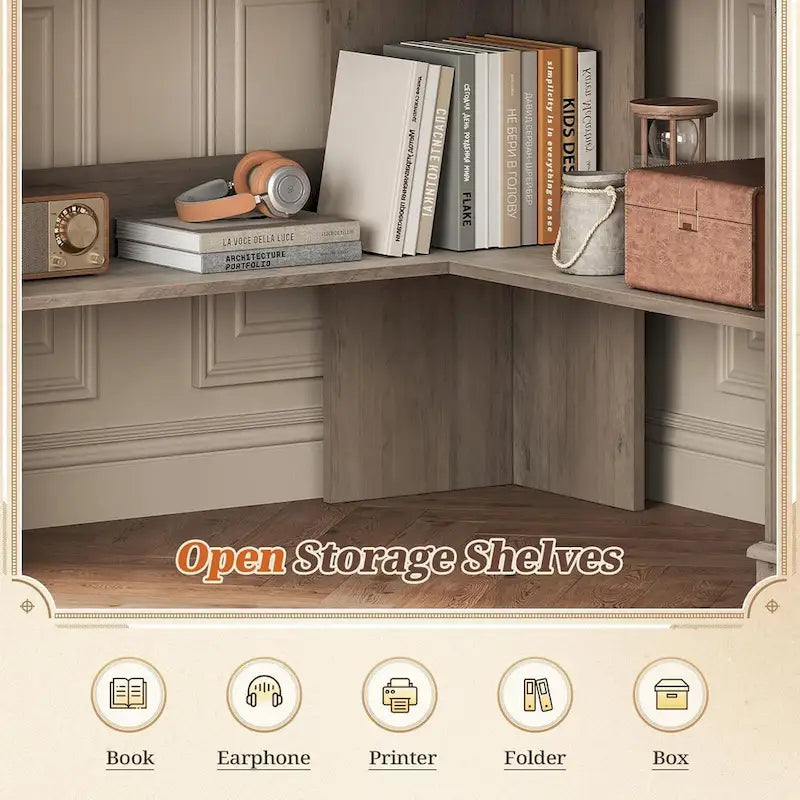 Bureau d'angle blanc et gris avec tiroir et étagères de rangement