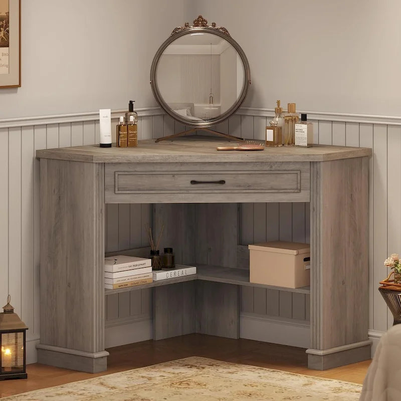 Bureau d'angle blanc et gris avec tiroir et étagères de rangement