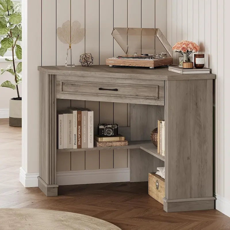 Bureau d'angle blanc et gris avec tiroir et étagères de rangement