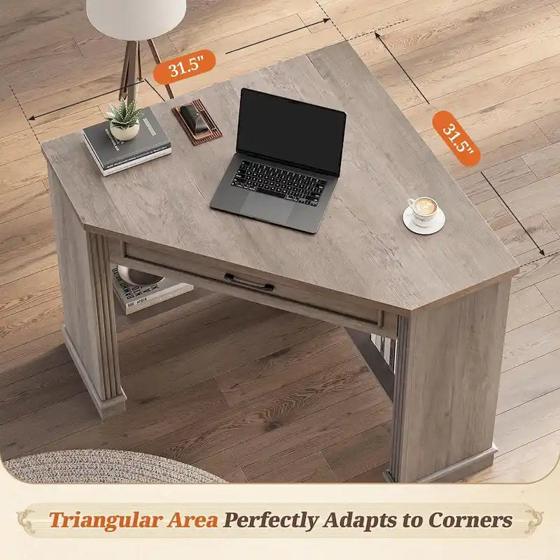Bureau d'angle blanc et gris avec tiroir et étagères de rangement