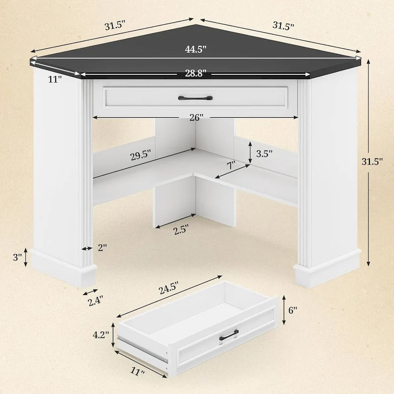 Bureau d'angle blanc et gris avec tiroir et étagères de rangement
