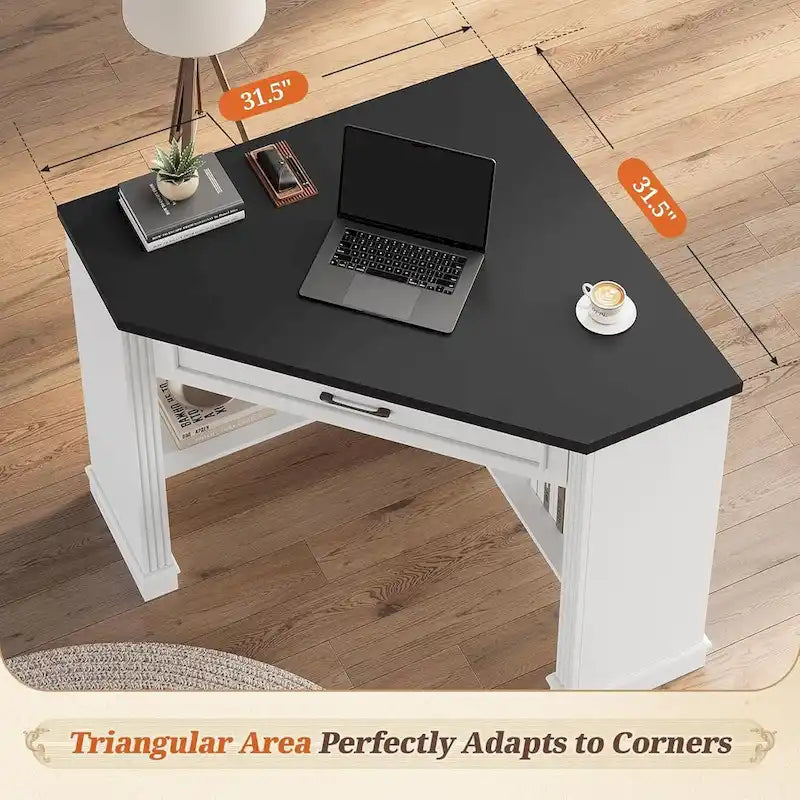Bureau d'angle blanc et gris avec tiroir et étagères de rangement