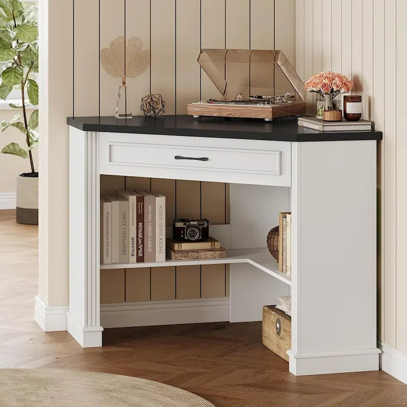 Bureau d'angle blanc et gris avec tiroir et étagères de rangement