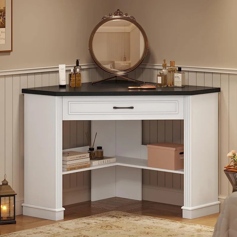 Bureau d'angle blanc et gris avec tiroir et étagères de rangement