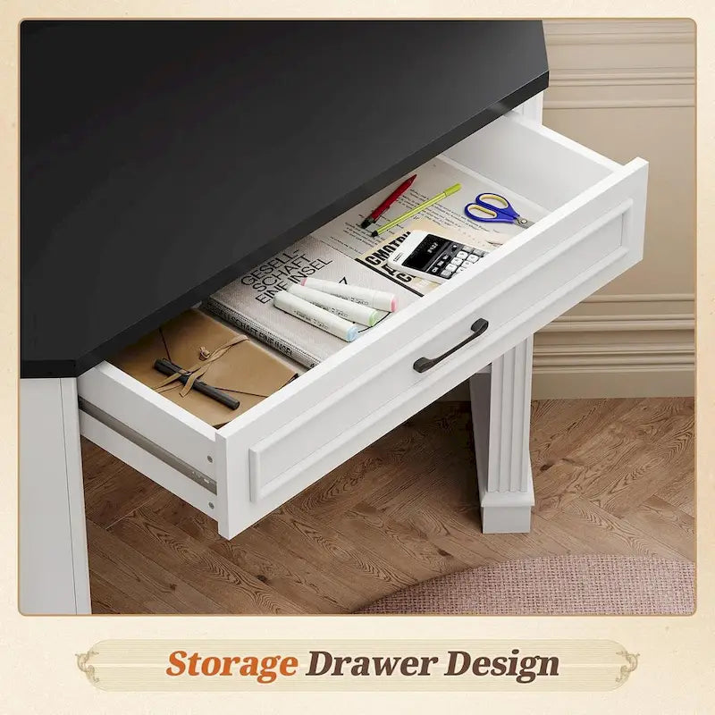 Bureau d'angle blanc et gris avec tiroir et étagères de rangement