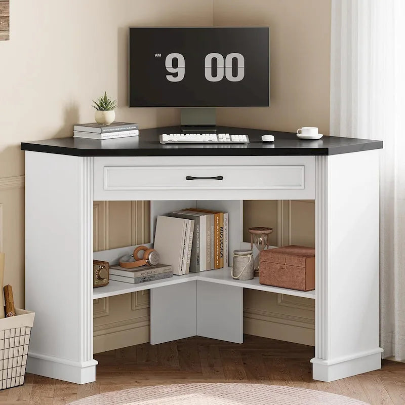 Bureau d'angle blanc et gris avec tiroir et étagères de rangement