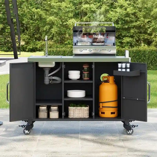 Chariot de cuisine d'extérieur noir avec évier en acier inoxydable et roues verrouillables