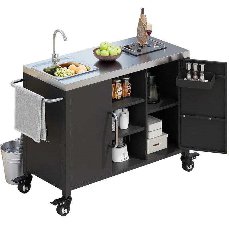 Chariot de cuisine d'extérieur noir avec évier en acier inoxydable et roues verrouillables